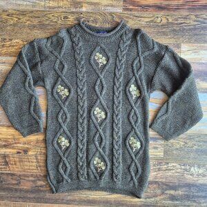Vintage ACORN Wool Shamrock Embroidered Cable Knit Fisherma Chunky Sweater